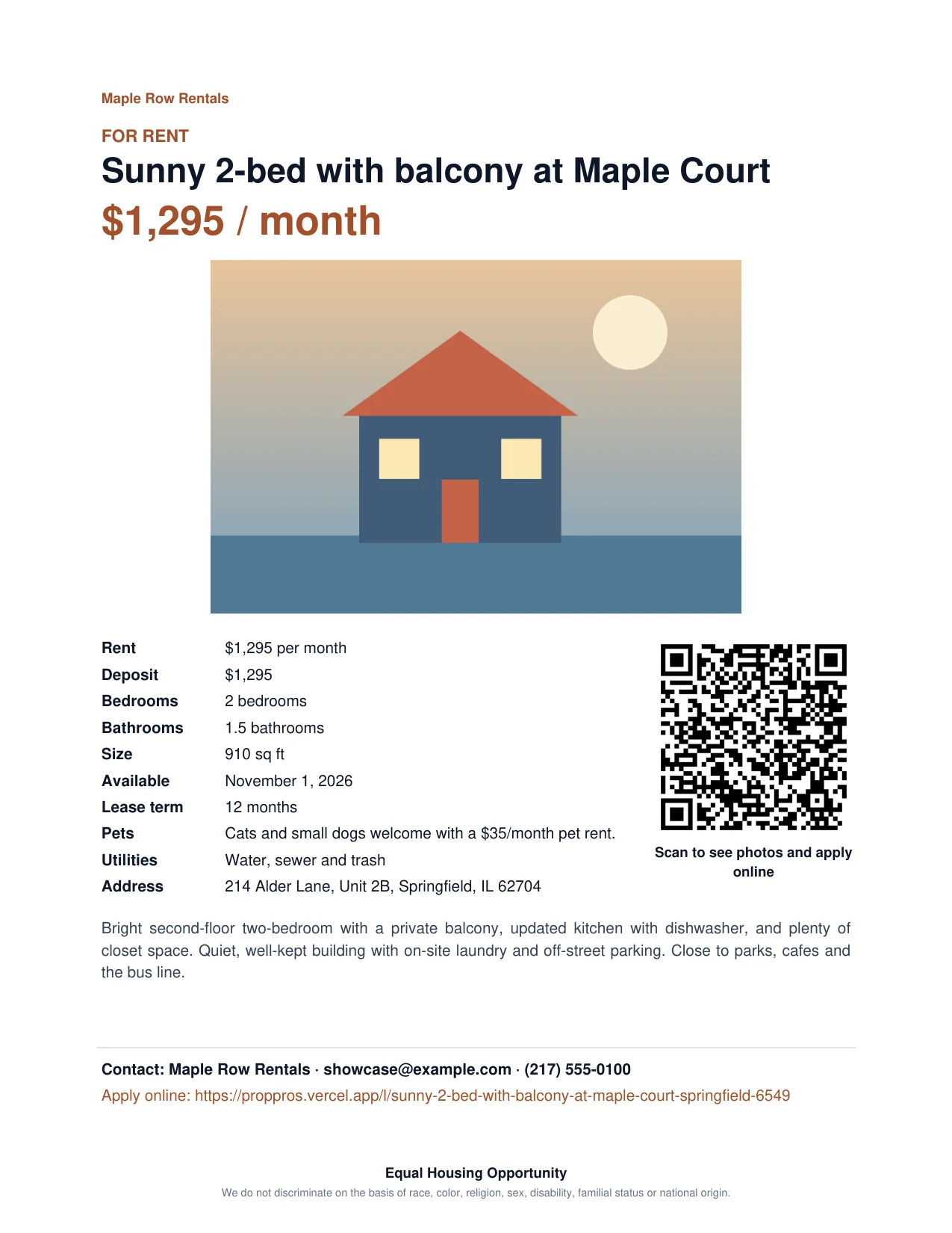A printable flyer for a listing with the photo, the rent, the details and a QR code to apply online
