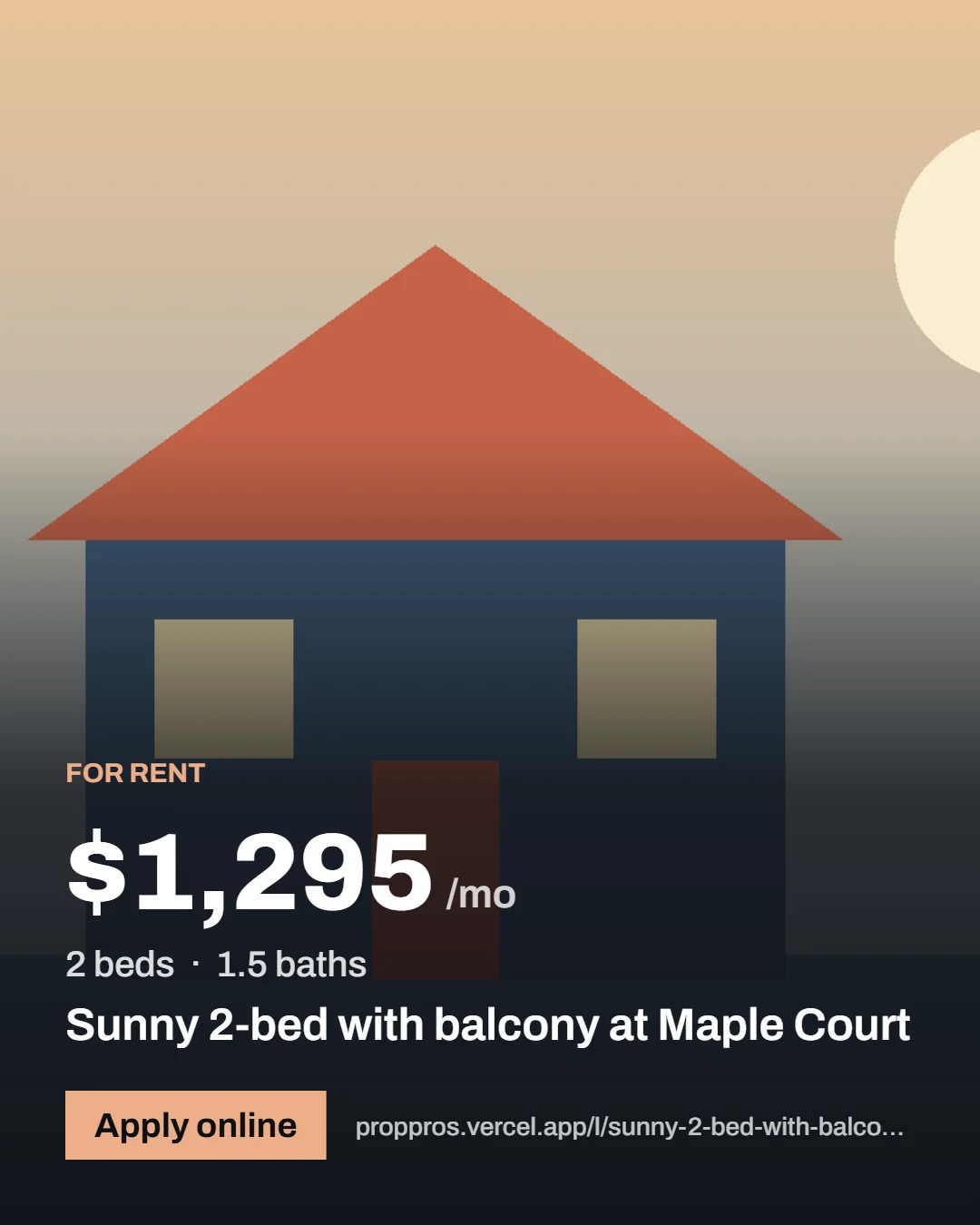 A share image for a listing: the home photo, the rent, beds and baths, the title and an Apply online button