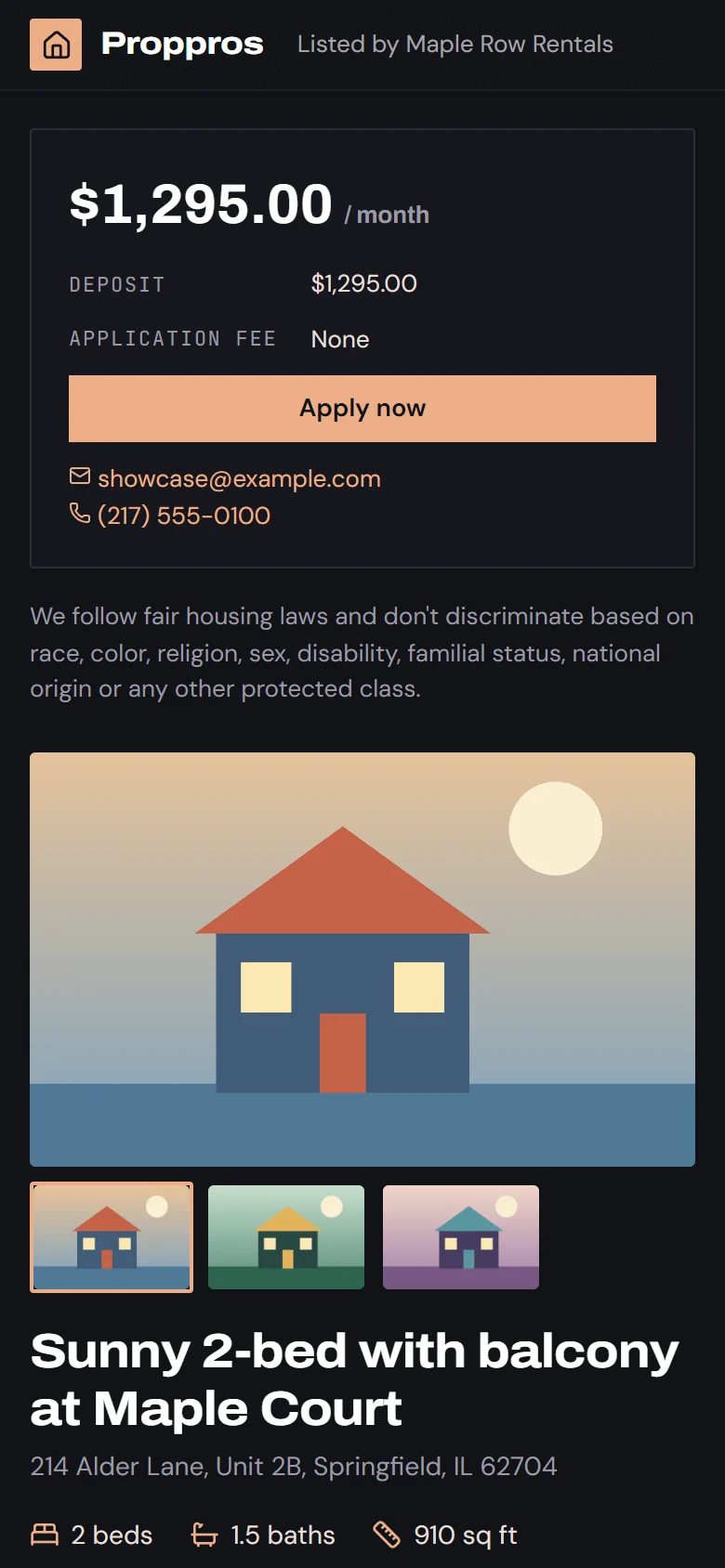 A Proppros public listing page on a phone with photos, rent and an Apply button