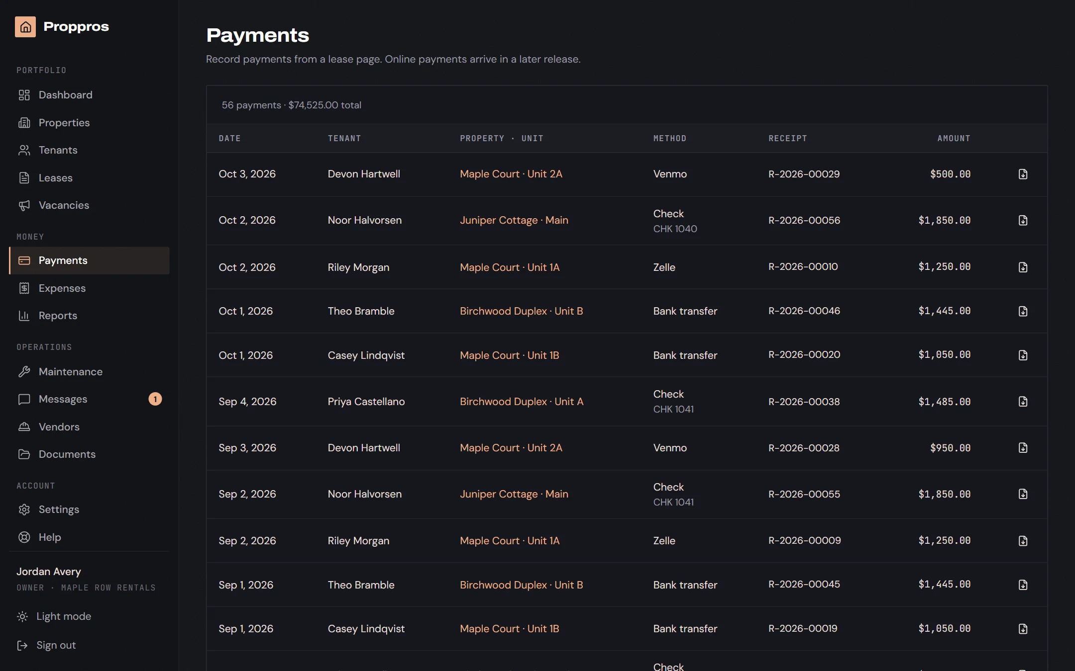 The payments list in Proppros with dates, tenants, methods and amounts