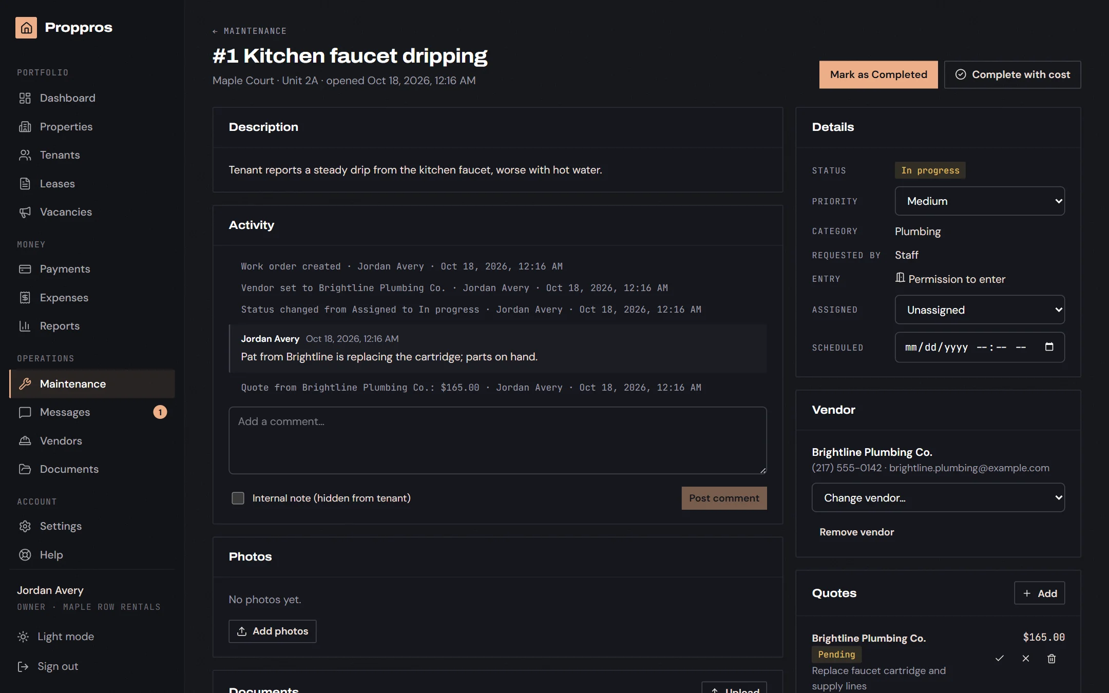 A work order in Proppros with its status, priority, vendor and history